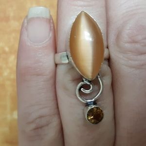 New Cat Eye and Golden Citrine 925 Silver Ring.